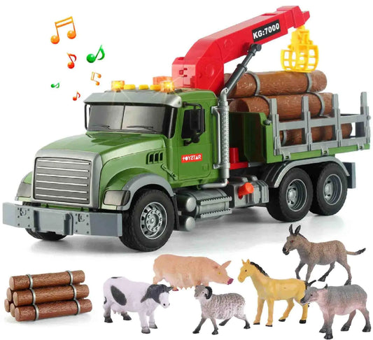 Timber Logging Truck w/ Functional Loading Crane Toy & Bundle of Logs Large 15" Semi Transport Tow Truck Hauler Playset for Kids Boys Ages 3 4 5 6 7 8 Lights & Sounds 6 Farm Animals Birthday Gift