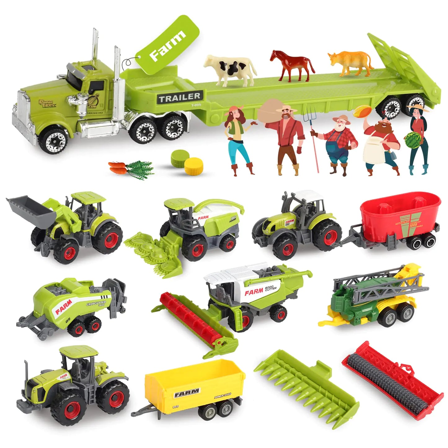 Oriate Kids Farm Toys Realistic Tractor Vehicle Playset Diecast Car Set Educational Mini Farm Animals with Flatbed Trailer Birthday Gift for Children 3 Year Old