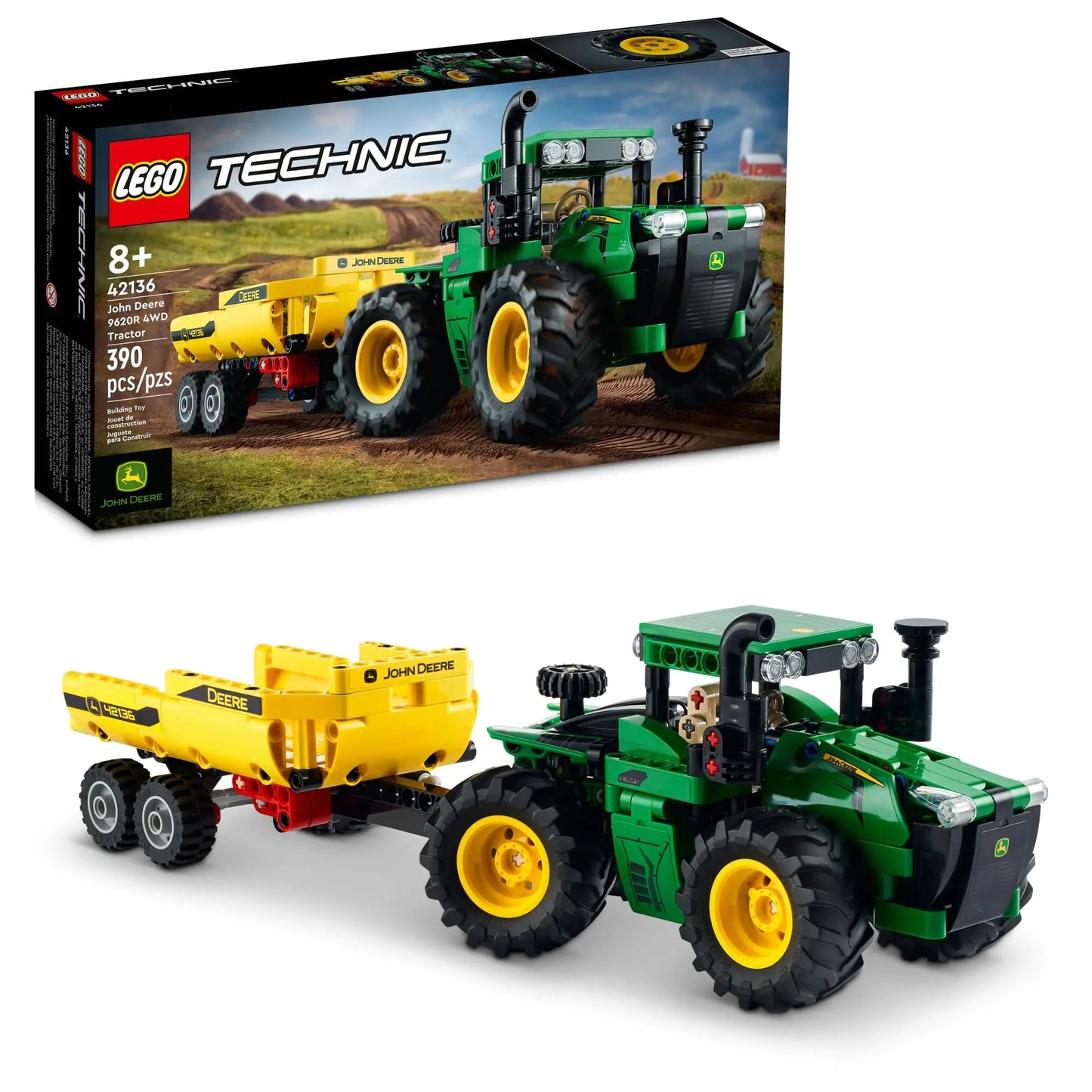LEGO Technic John Deere 9620R 4WD Tractor Toy 42136 Building Toy - Collectible Model with Trailer Featuring Realistic Details Construction Farm Toy for Kids Ages 8+