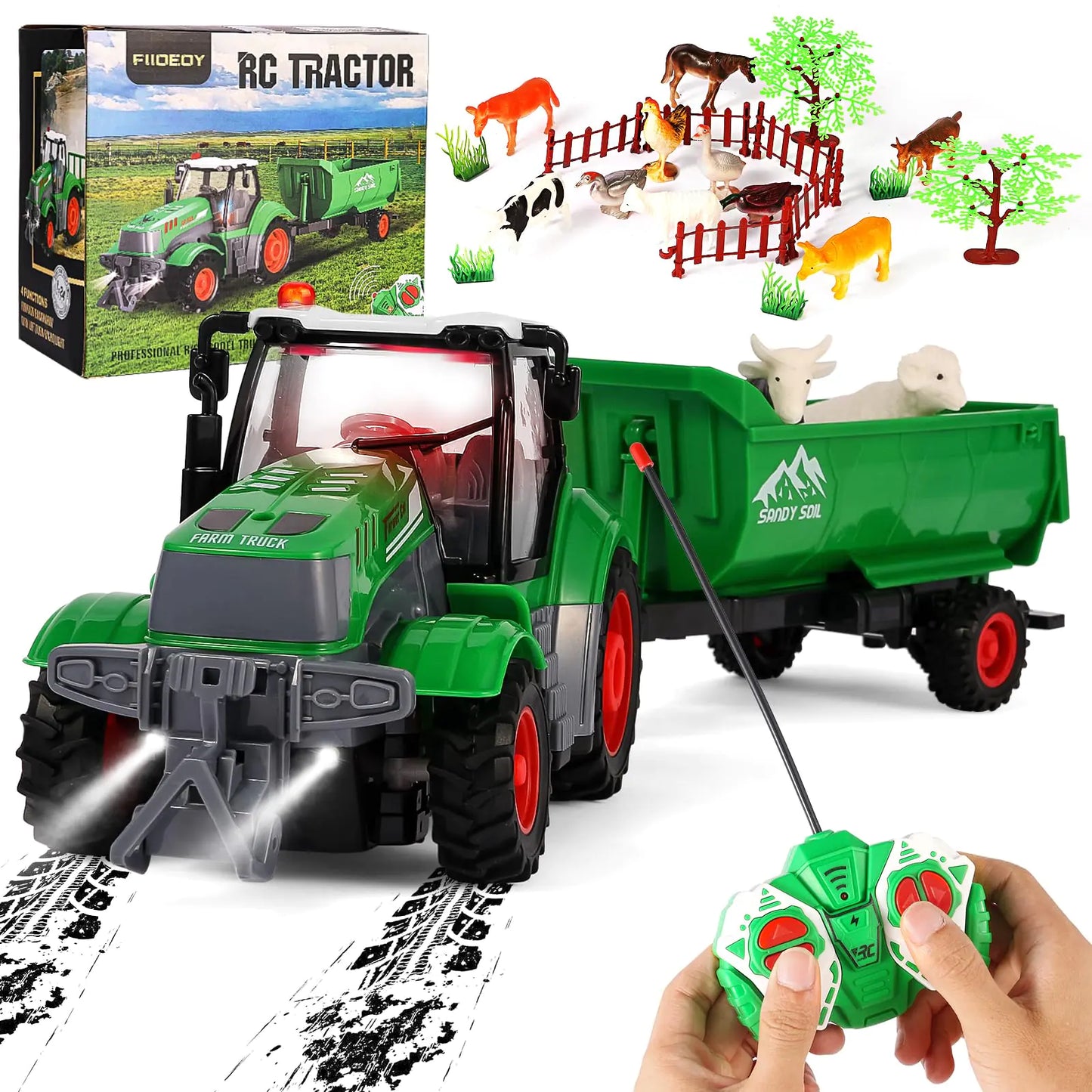 FIIOEOY Remote Control Tractor Toy 25pcs Farm Toys 16.8 Inches RC Tractor with Trailer Farm Animal Toys Farm Vehicle Toy Tractor Toy for 3-7 Year Old Boys Kids Birthday Gift