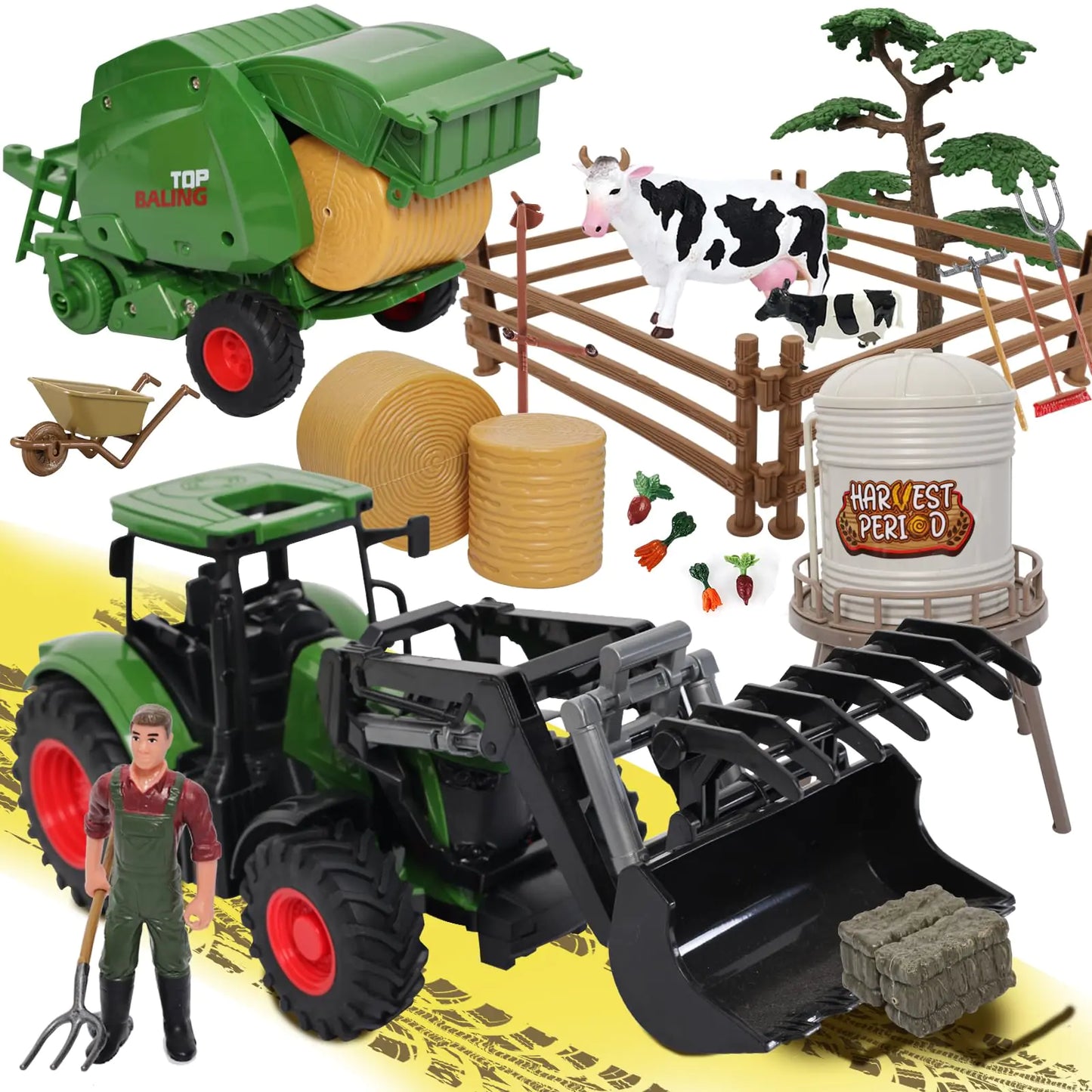 Peagprav Farm Tractor Toys Set Bale Haying Round Baler with Barn FarmerCowFarm ToolsTree Farm Tractor Pla yset for Kids Toddler Boys Girls Ages 3 -7 Years