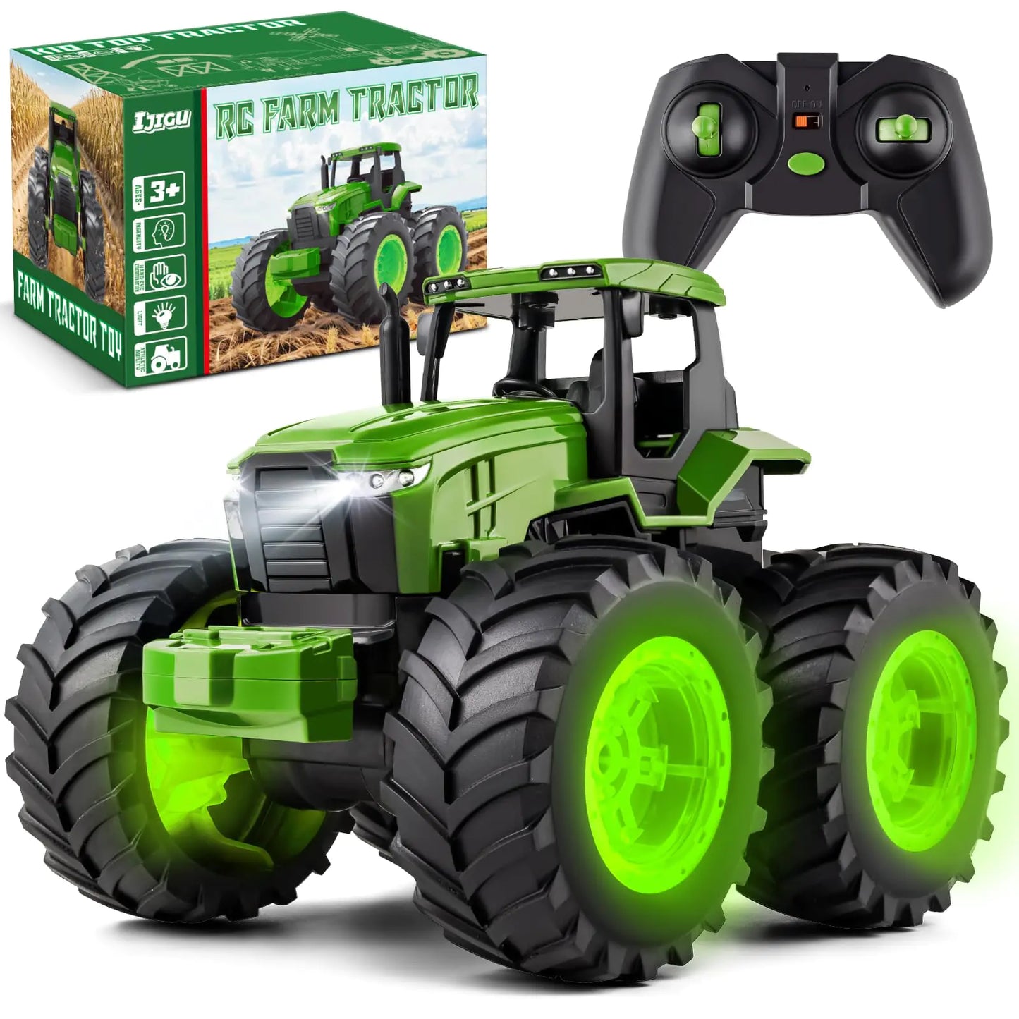 Remote Control Tractor Toys Light Up Farm Monster Trucks Toy for Boys 3 4 5 6 7 Year Old 2.4 Ghz RC Tractor Toys Ideal Christmas Birthday Gifts for Kids